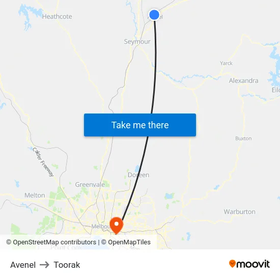 Avenel to Toorak map