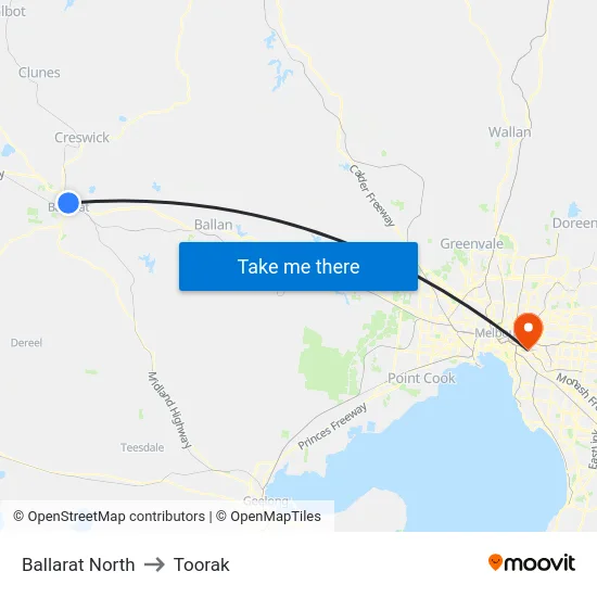 Ballarat North to Toorak map