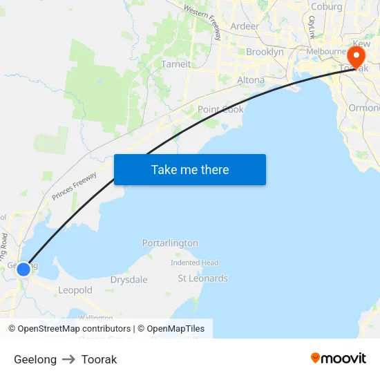 Geelong to Toorak map