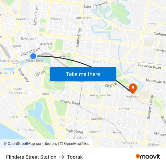 Flinders Street Station to Toorak map