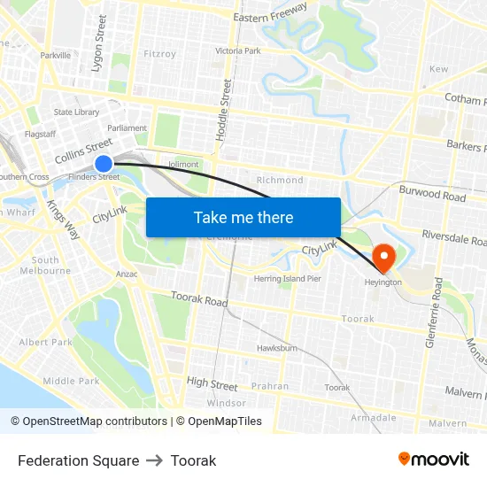 Federation Square to Toorak map