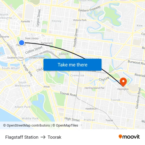 Flagstaff Station to Toorak map