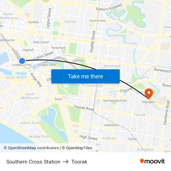 Southern Cross Station to Toorak map