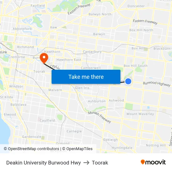 Deakin University Burwood Hwy to Toorak map