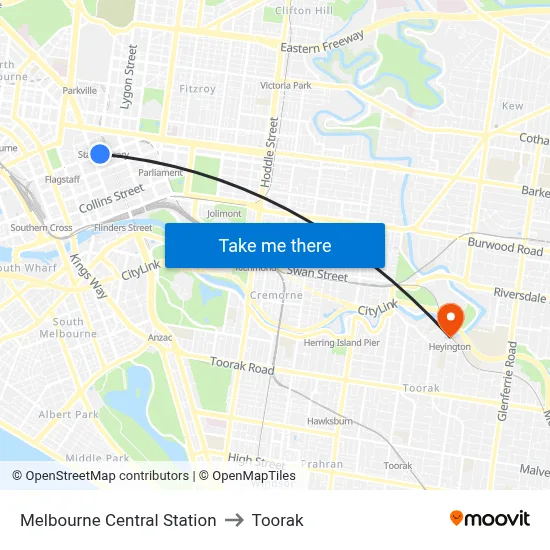 Melbourne Central Station to Toorak map