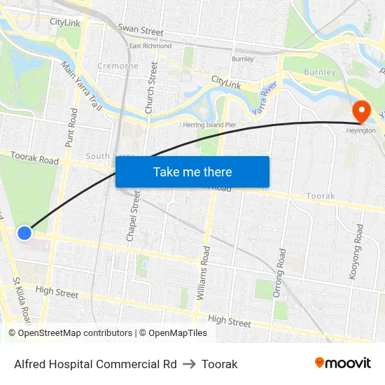 Alfred Hospital Commercial Rd to Toorak map