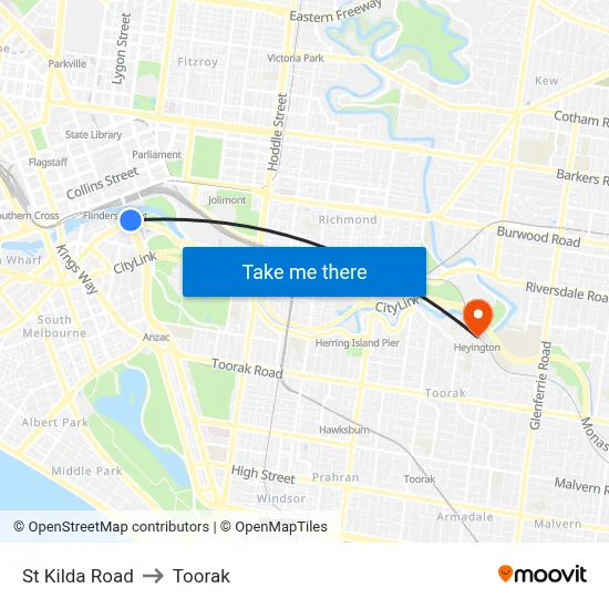 St Kilda Road to Toorak map