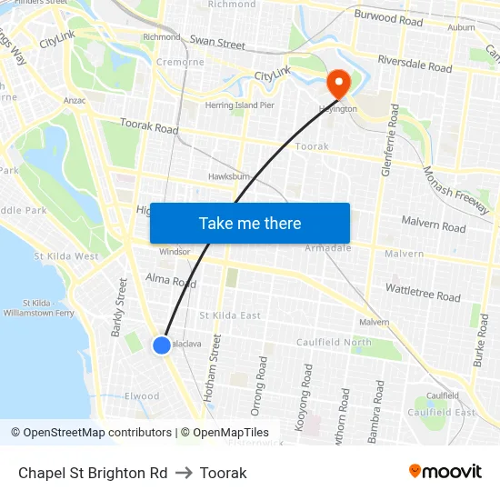 Chapel St Brighton Rd to Toorak map