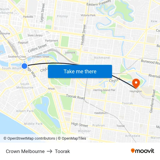 Crown Melbourne to Toorak map
