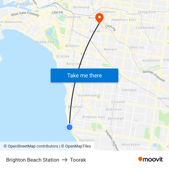 Brighton Beach Station to Toorak map