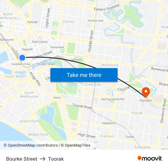 Bourke Street to Toorak map