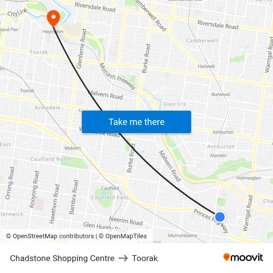 Chadstone Shopping Centre to Toorak map