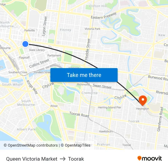 Queen Victoria Market to Toorak map