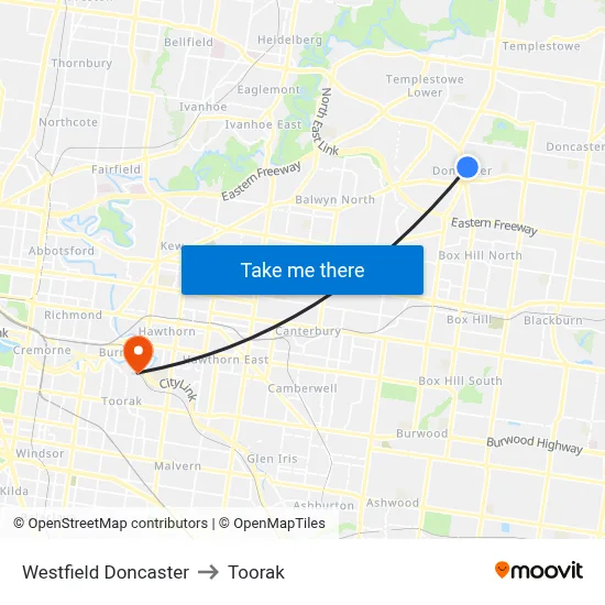 Westfield Doncaster to Toorak map