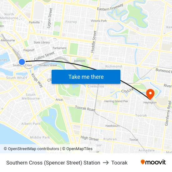 Southern Cross (Spencer Street) Station to Toorak map