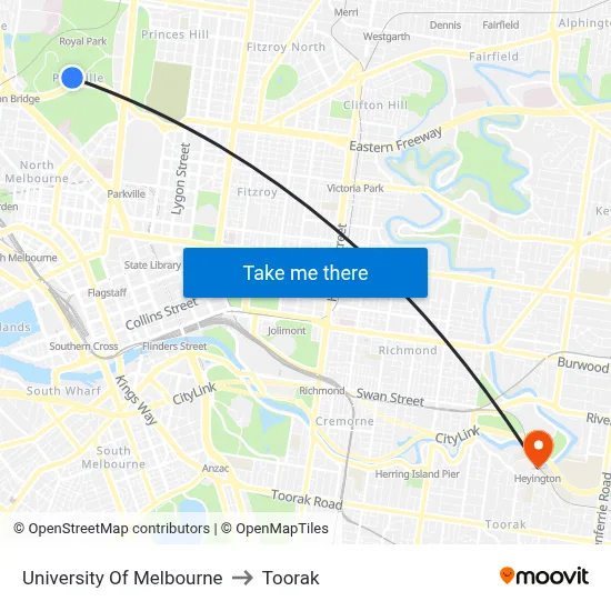 University Of Melbourne to Toorak map