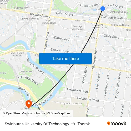 Swinburne University Of Technology to Toorak map