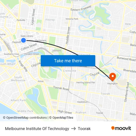 Melbourne Institute Of Technology to Toorak map