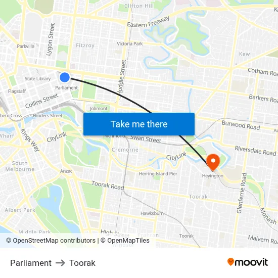 Parliament to Toorak map