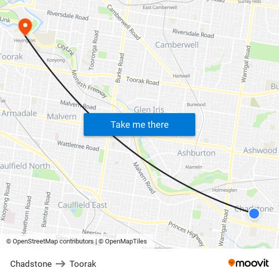 Chadstone to Toorak map