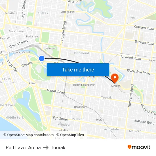 Rod Laver Arena to Toorak map