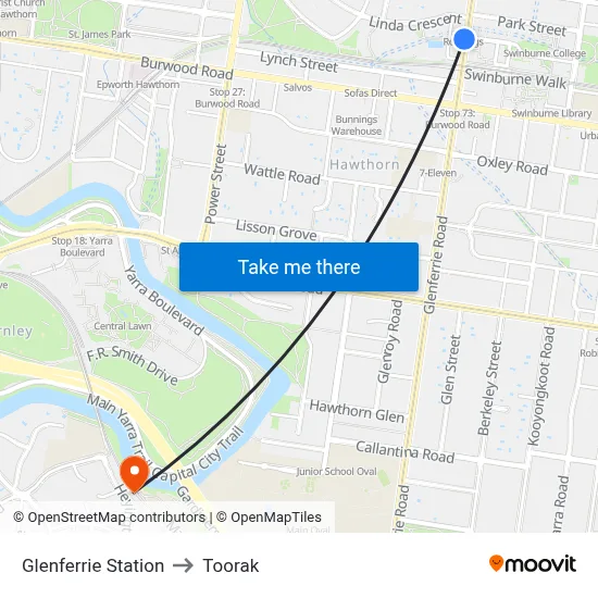 Glenferrie Station to Toorak map