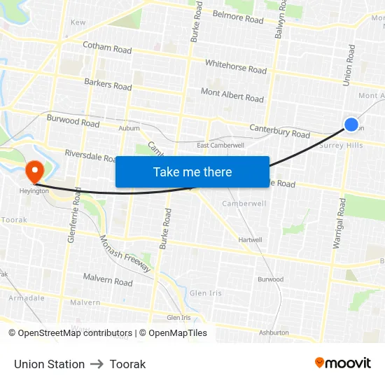 Union Station to Toorak map