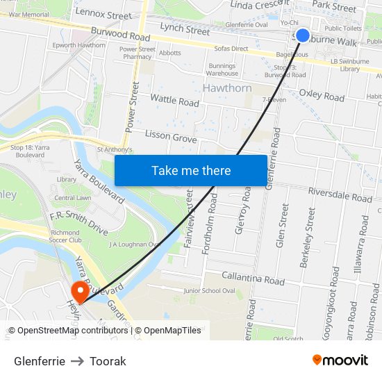 Glenferrie to Toorak map