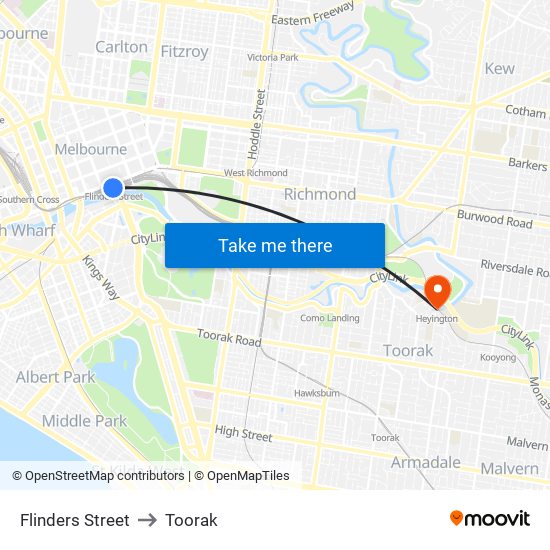 Flinders Street to Toorak map