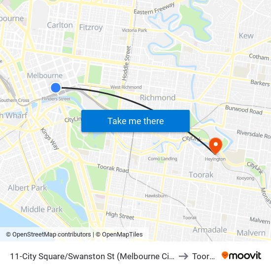 11-City Square/Swanston St (Melbourne City) to Toorak map