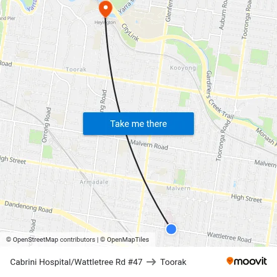 Cabrini Hospital/Wattletree Rd #47 to Toorak map
