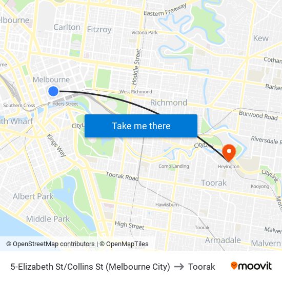 5-Elizabeth St/Collins St (Melbourne City) to Toorak map