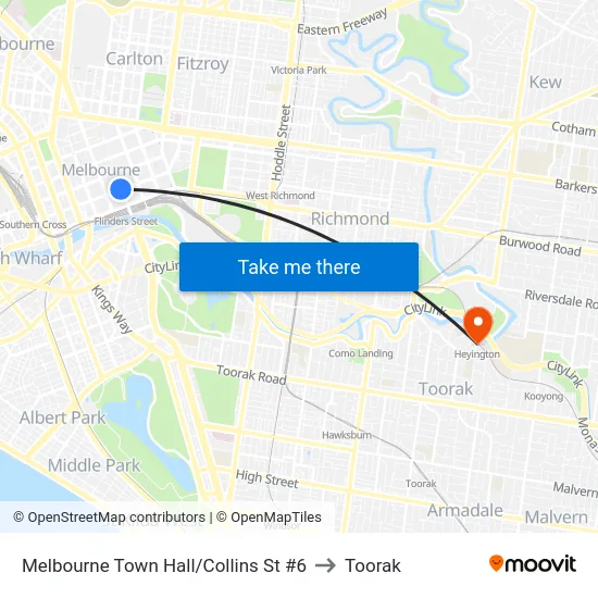 Melbourne Town Hall/Collins St #6 to Toorak map