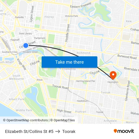 Elizabeth St/Collins St #5 to Toorak map