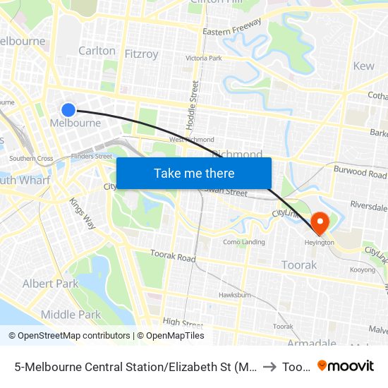 5-Melbourne Central Station/Elizabeth St (Melbourne City) to Toorak map