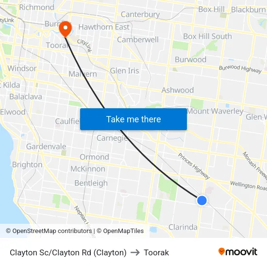 Clayton Sc/Clayton Rd to Toorak map