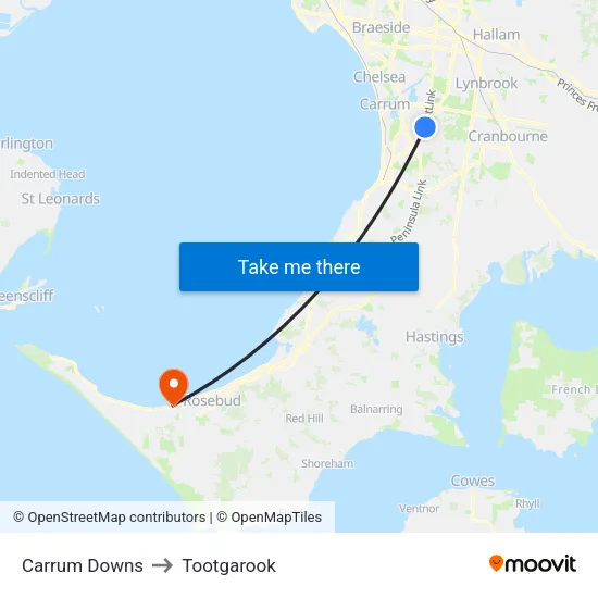 Carrum Downs to Tootgarook map