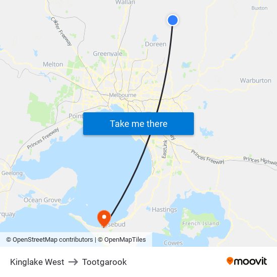 Kinglake West to Tootgarook map