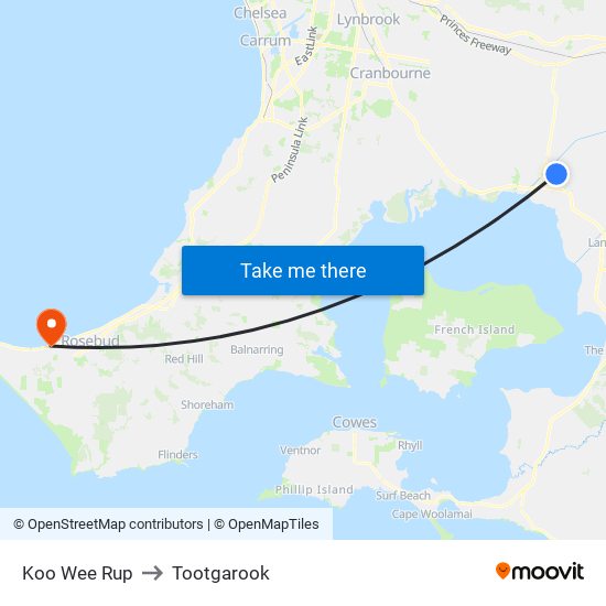 Koo Wee Rup to Tootgarook map