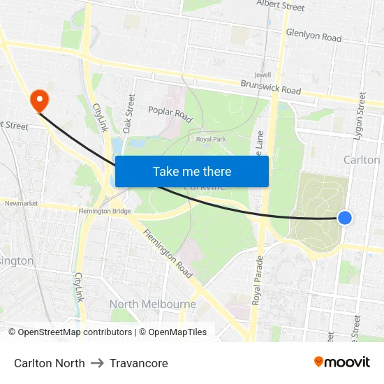 Carlton North to Travancore map
