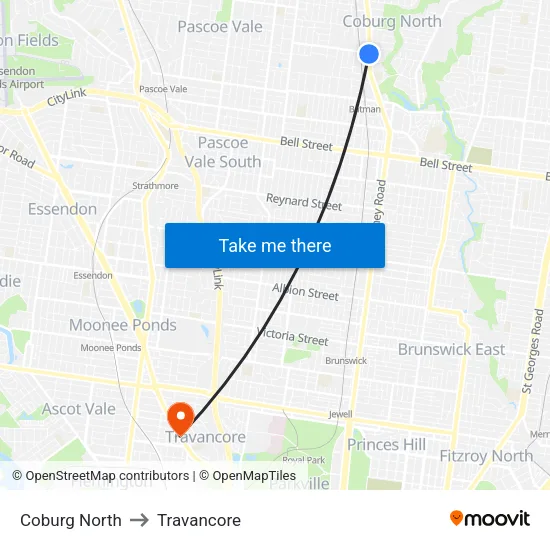 Coburg North to Travancore map