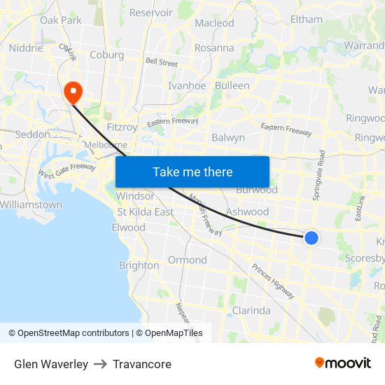 Glen Waverley to Travancore map