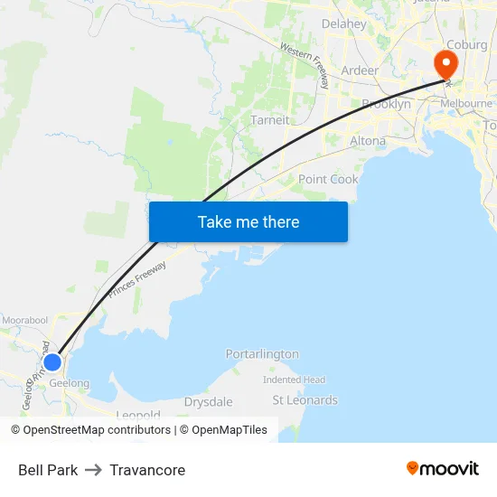 Bell Park to Travancore map