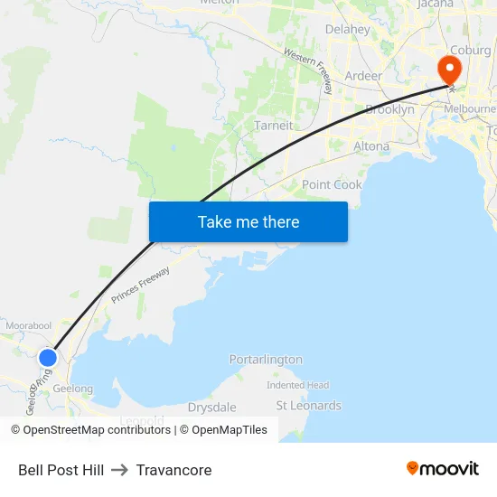 Bell Post Hill to Travancore map