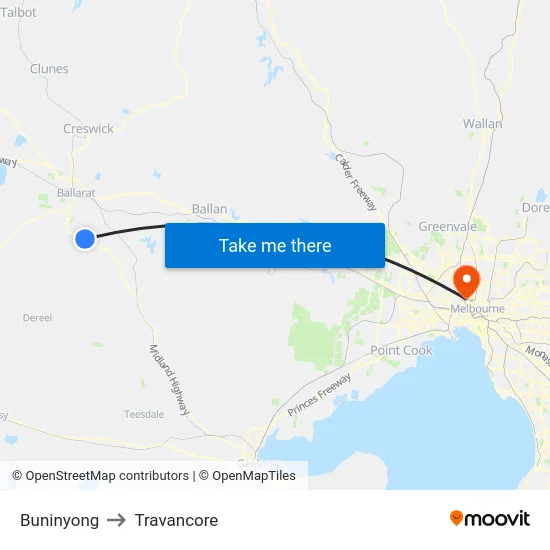 Buninyong to Travancore map