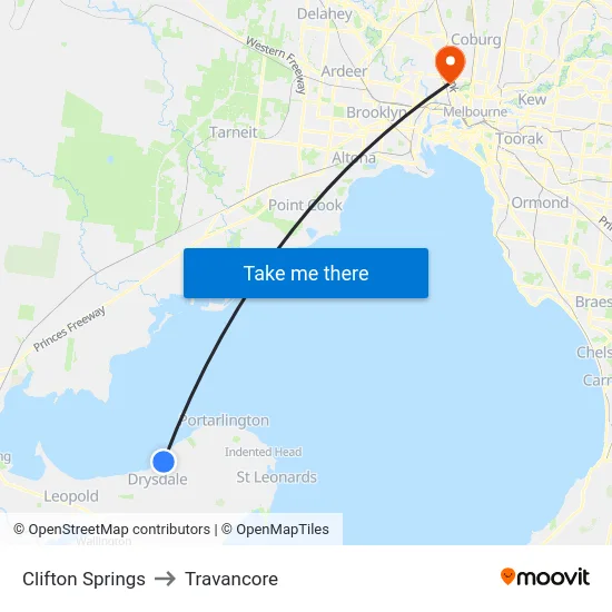 Clifton Springs to Travancore map