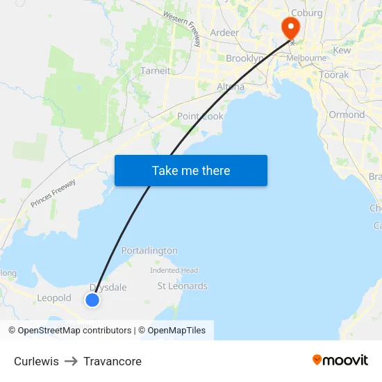Curlewis to Travancore map