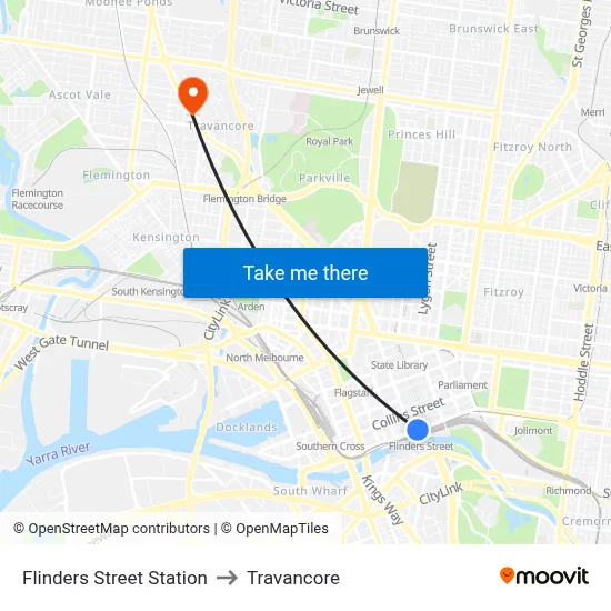 Flinders Street Station to Travancore map