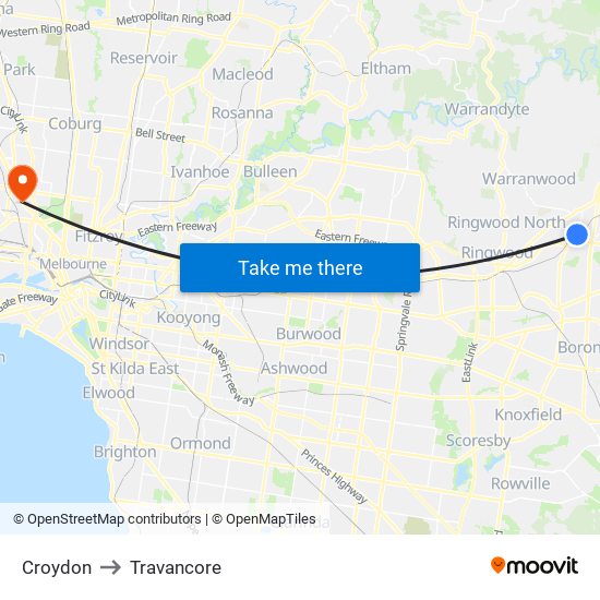 Croydon to Travancore map