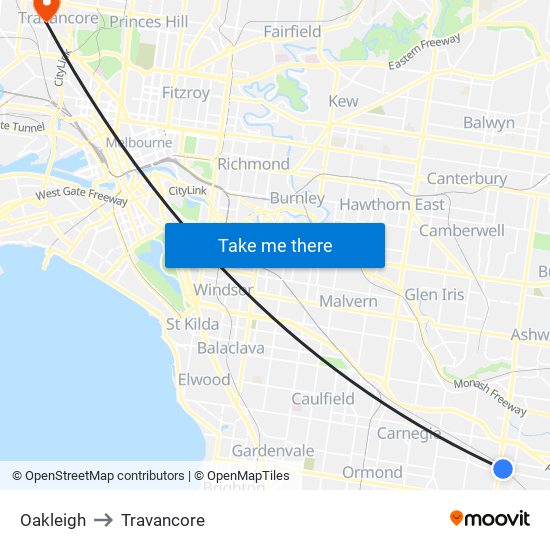 Oakleigh to Travancore map